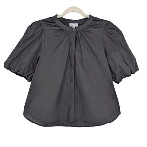 Evereve Felix Puff‎ Sleeve Blouse L Black Cotton Poplin Preppy Minimalist Chic
